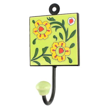 Pea Green Floral Ceramic Tile Hook